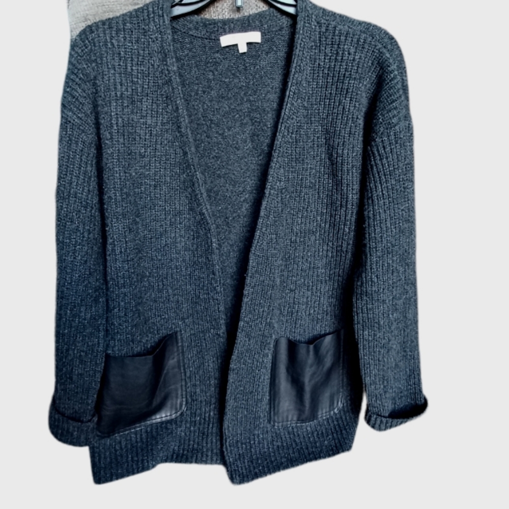Gray Madewell 100% merino wool open front cardigan with 100% leather pockets szS